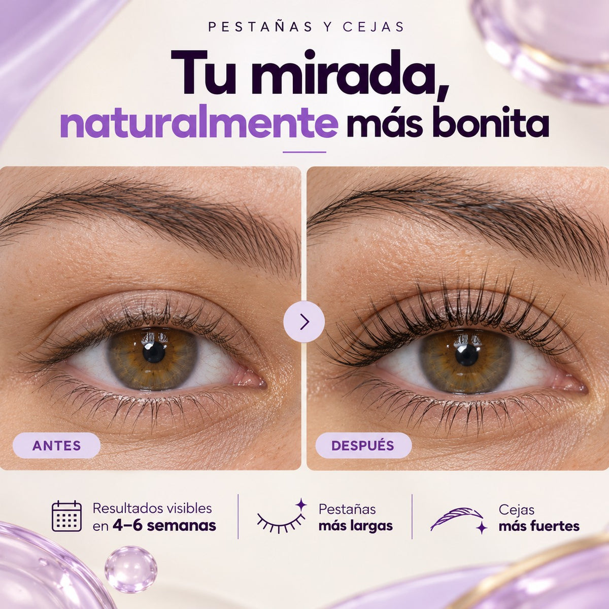 Antes y después con B-Lashes: pestañas más largas y cejas más fuertes